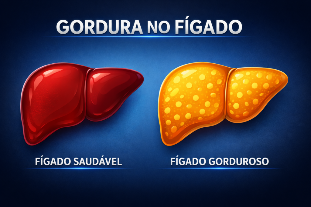 Imagem ilustrando gordura no fígado, do lado esquerdo um fígado normal com sua cor vermelho amarronzado. Do lado direito  um fígado na cor amarelada e com manchas representando um fígado gorduroso.