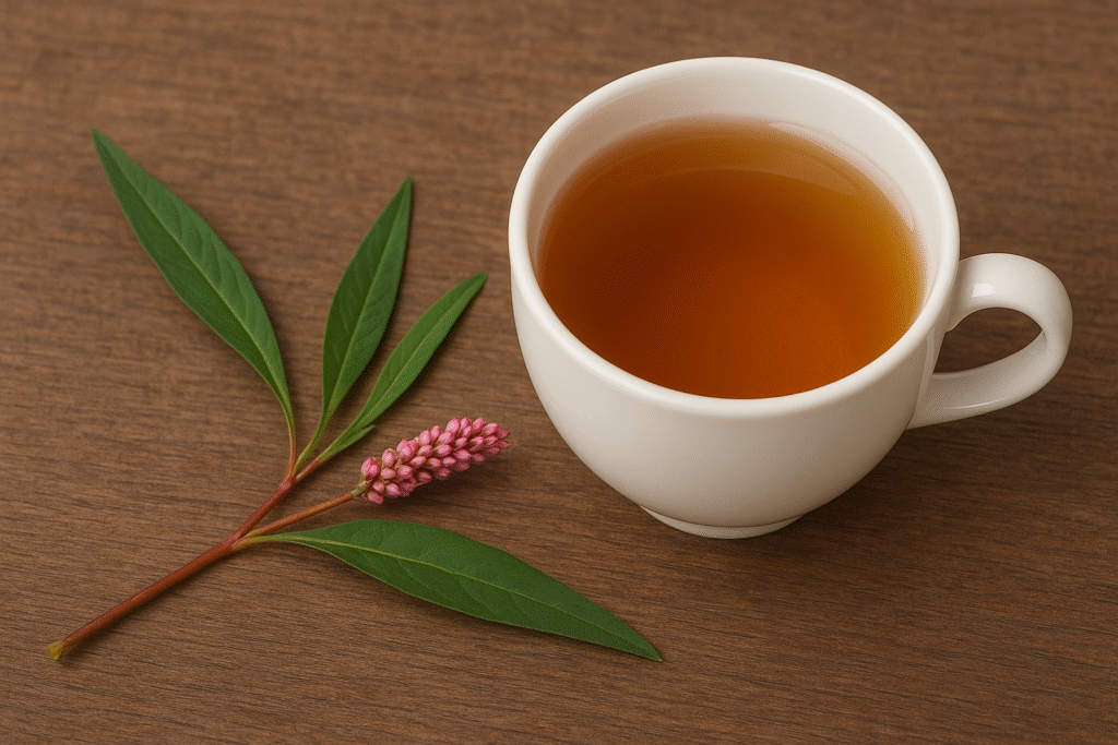 Sobre uma mesa de madeira uma xícara de porrcelana com chá ao lado de um ramo de erva de bicho com suas folhas verdes e pequenos botões de flores vermelha.

