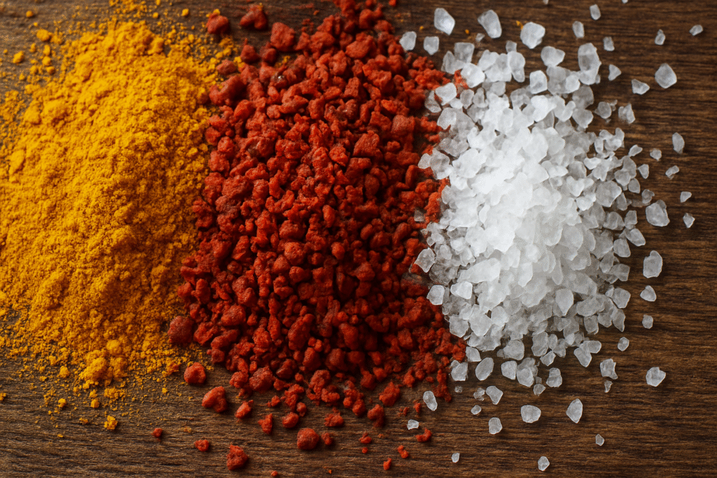 Um pouco de urucum, cúrcuma e sal, para misturar e fazer um tempero especial.