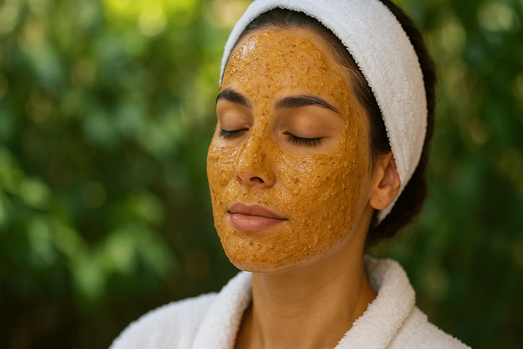 Mulher com pasta de pó de feno grego no rosto para hidratar a pele.