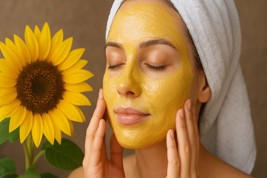 Ao lado de uma flor de girassol uma mulher com máscara facial de óleo de girassol no rosto.
