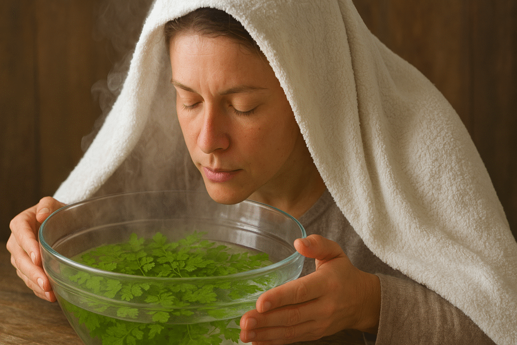 Mulher fazendo inalação de vapor de água quente com folhas de avenca.