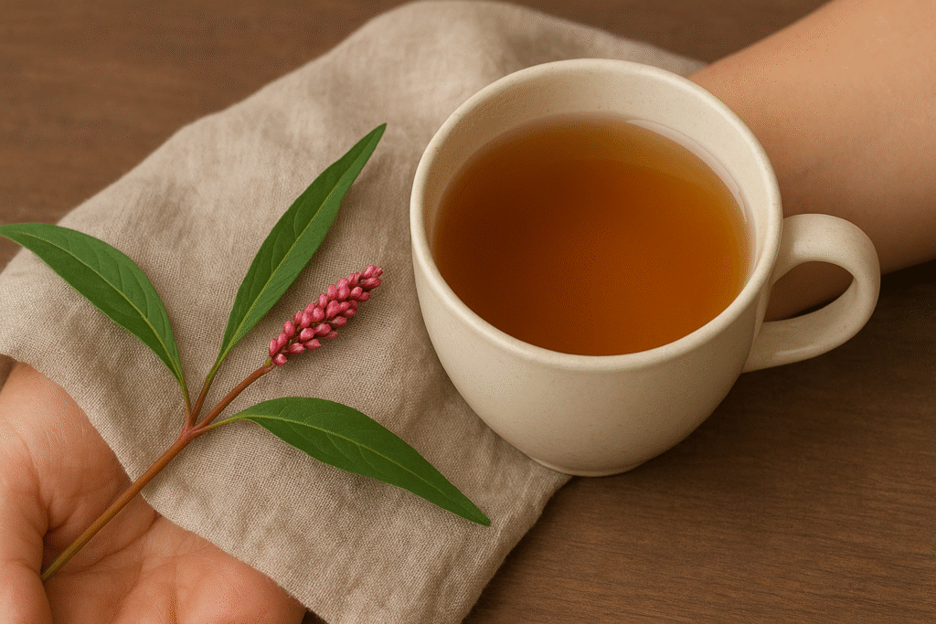 Um pano com infusão de erva de bicho sobre um braço e ao lado uma xícara de porcelana com chá e um ramo com flor de erva de bicho.