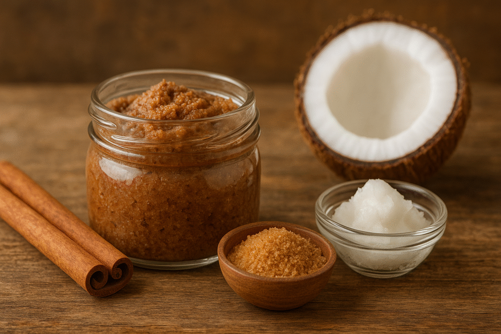 Sobre uma mesa de madeira umas cascas de canela, um pote de porcelana com açúcar mascavo, um pote de vidro com coco ralado, no centro um frasco de vidro com  uma pasta esfoliante de açúcar mascavo, coco e canela, ao fundo metade de um coco.