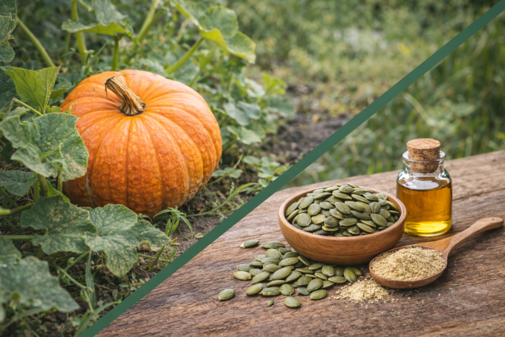 Imagem dividida na diagonal onde na parte superior esquerda está uma abóbora de cor laranja ao lado da planta rasteira de folhas verdes e grandes. Na parte inferior esquerda está a semente de abóbora e seus benefícios, uma colher grande de madeira com farinha de sementes, uma tigela de porcelana com sementes de abóbora descascadas e várias espalhadas e um frasco de vidro com óleo de semente de abóbora.