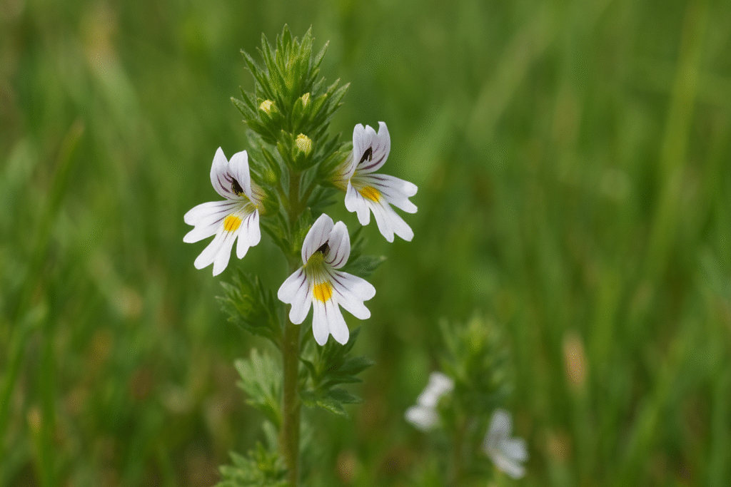 Em meio a natureza uma planta de eufrásia com suas hastes longas e verdes com flores médias de cor branca com listas e pintas roxas e amarelas.