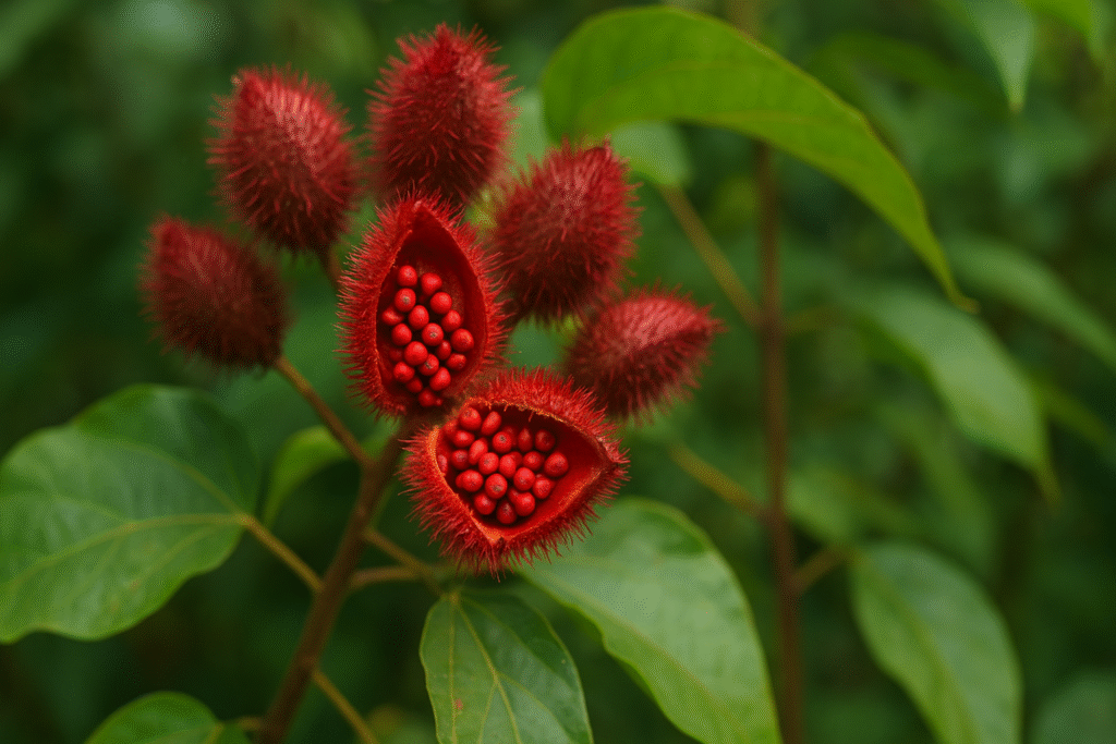 Uma planta de urucum, em destaque seus frutos vermelhos e peludas e dentro estão cheios de pequenas sementes vermelhas.