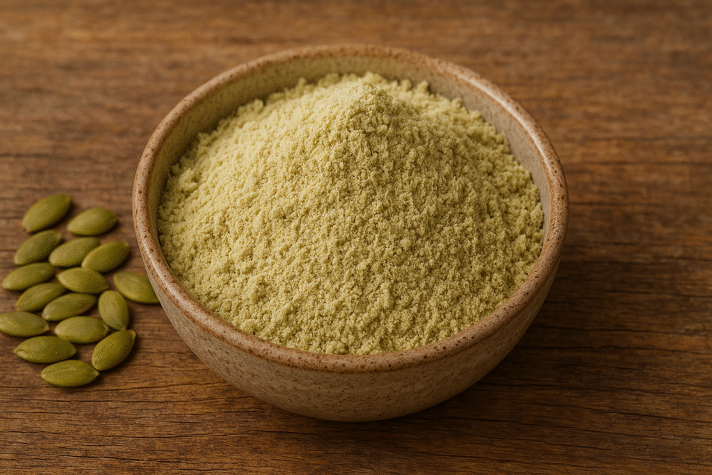 Sobre uma mesa de madeira uma tigela de porcelana com pó de sementes de abóbora dentro, ao lado algumas sementes inteiras.