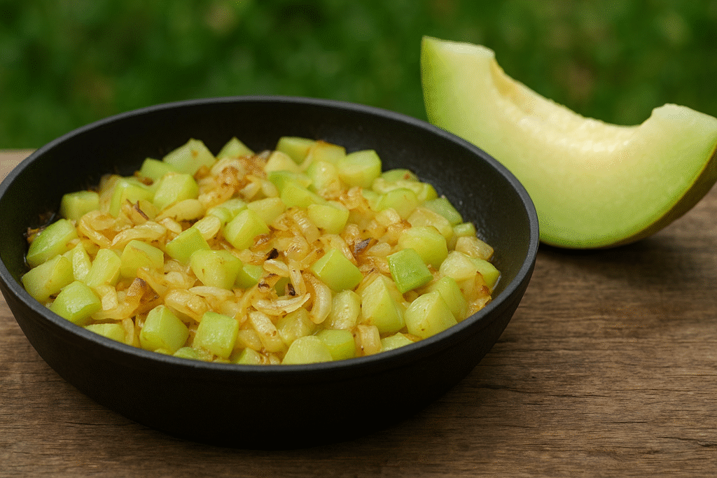 Sobre uma mesa de madeira uma panela com refogado de melão de são caetano com cebola, ao lado um pedaço do melão verde.