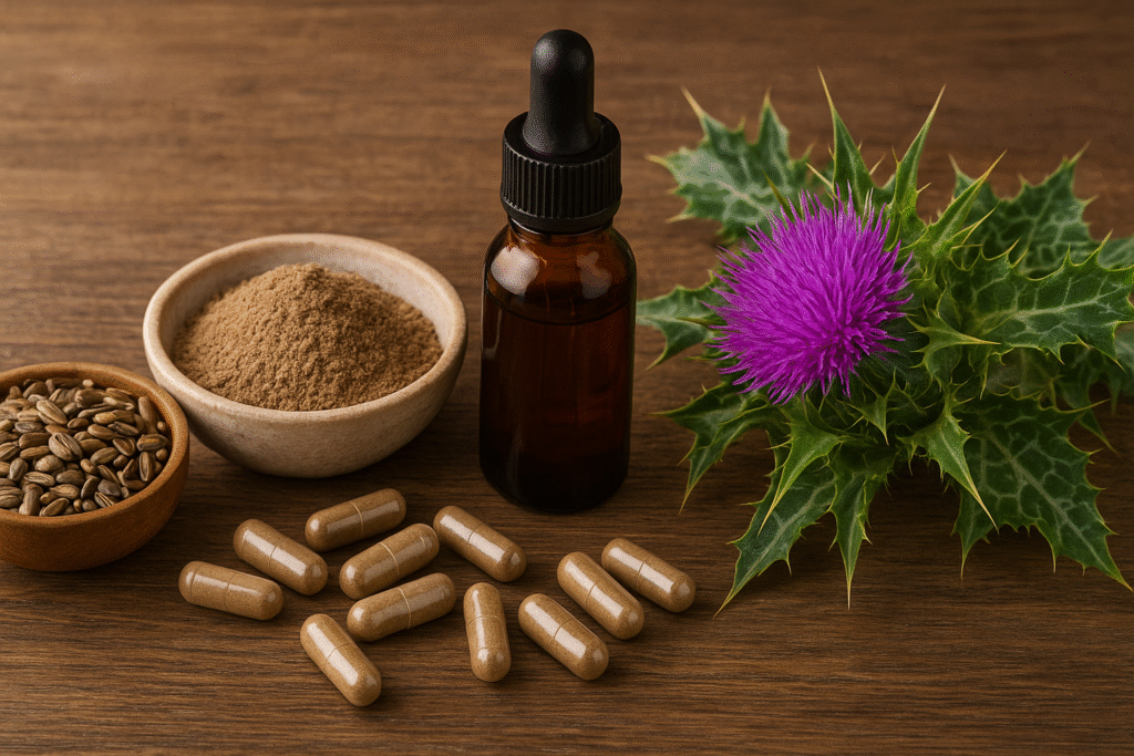 Sobre uma mesa de madeira dois potes de porcelana um com sementes e outro com pó, algumas cápsulas espalhadas e um frasco de vidro com extrato ao lado uma flor roxa de cardo mariano.