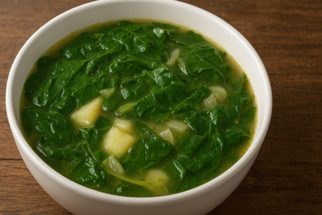 Sobre uma mesa uma tigela de porcelana cheia de sopa de taioba com batatas.