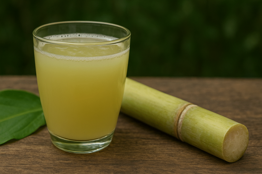 Sobre uma mesa de madeira um copo de vidro com suco e ao lado uma folha e um caule de de cana do brejo.