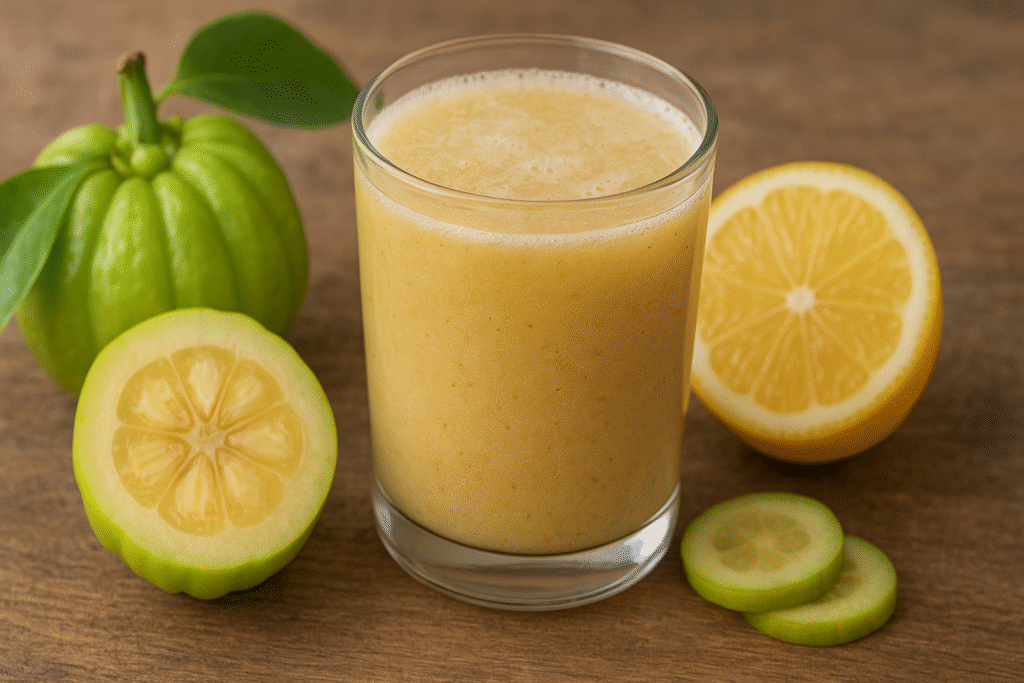 Sobre uma mesa de madeira um copo cheio de suco, de um lado meio limão e algumas rodelas e do outro lado um fruto de garcinia cortado ao meio e outro inteiro.