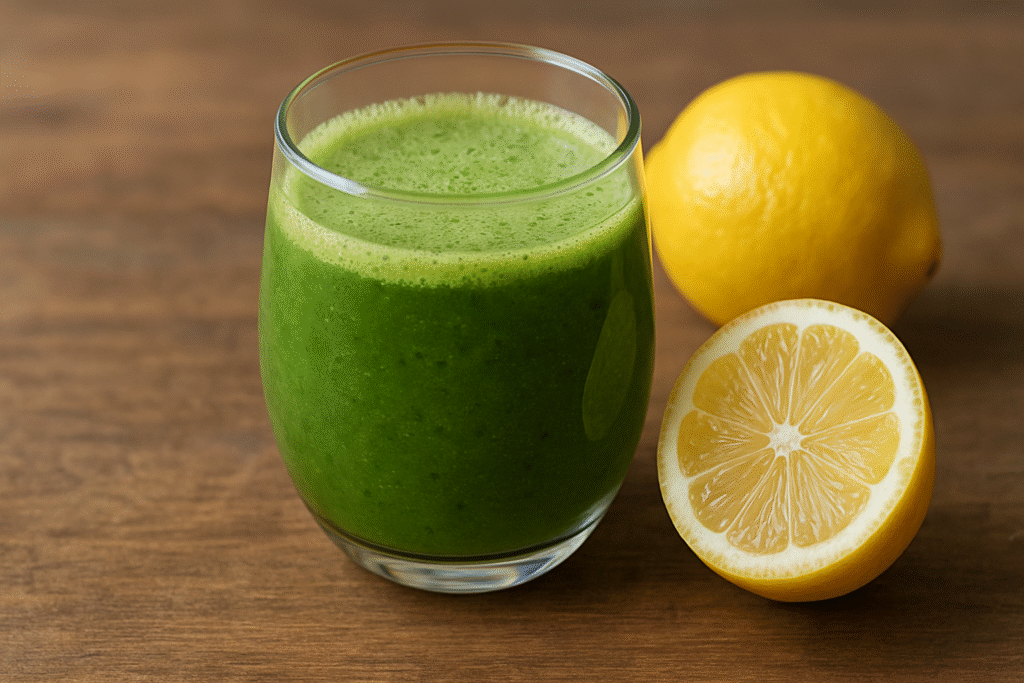 Sobre uma mesa de madeira um copo de vidro com suco verde de insulina vegetal e limão ao lado de um limão inteiro e outro cortado pela metade.