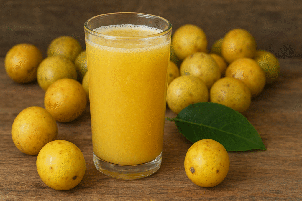 Sobre uma mesa de madeira um copo de vidro com suco e ao lado várias frutas amarelas de mangaba e uma folha verde.