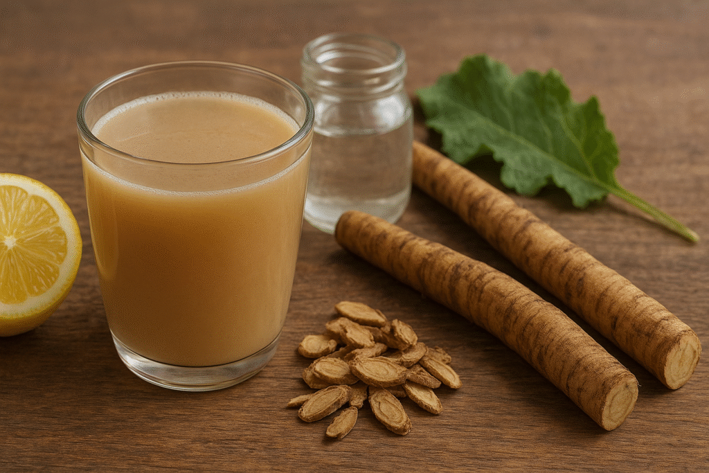 Sobre uma mesa de madeira um copo de vidro cheio de suco ao lado meio limão, a frente algumas rodelas de raiz e algumas raízes inteiras, ao fundo um frasco com água de coco e uma folha verde de bardana.