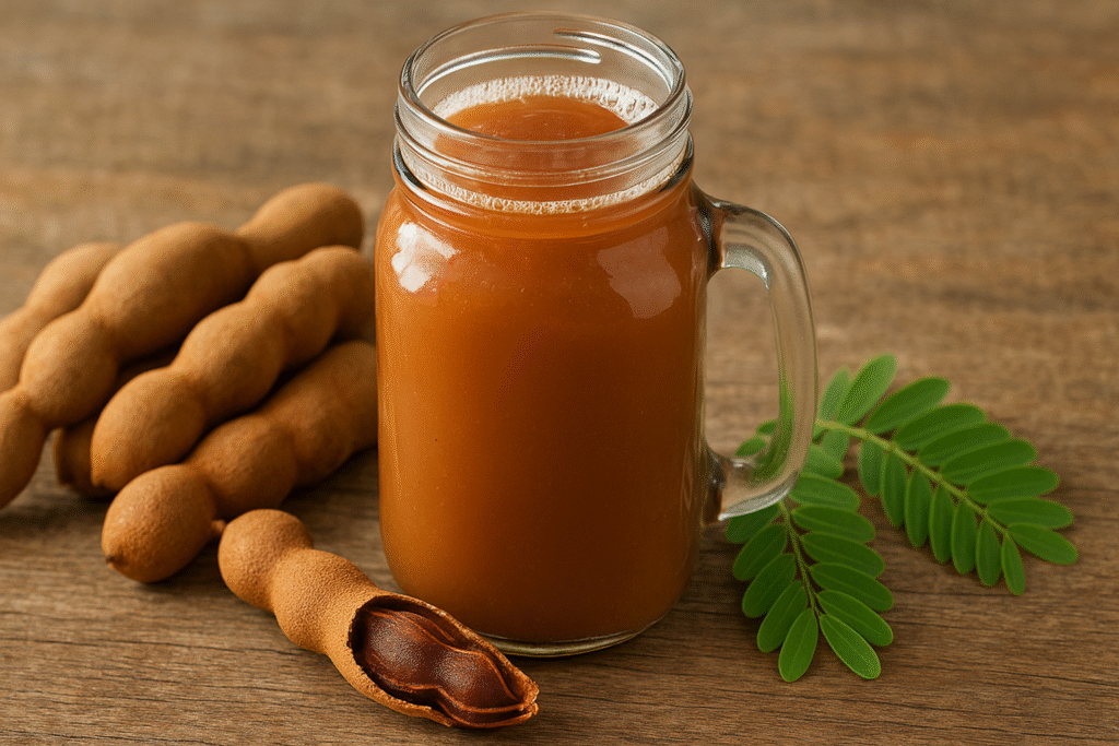 Em uma mesa de madeira um pote de vidro com alça cheio de suco de tamarindo ao lado algumas folhas verdes e umas vagens de tamarindo.