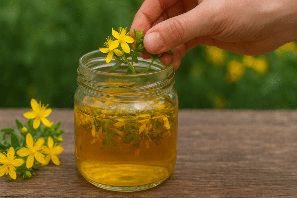 Uma mão humana colocando flores de hipérico dentro de um frasco de vidro com álcool de cereais para deixar por quinze dias de molho para obter a tintura do hipérico.