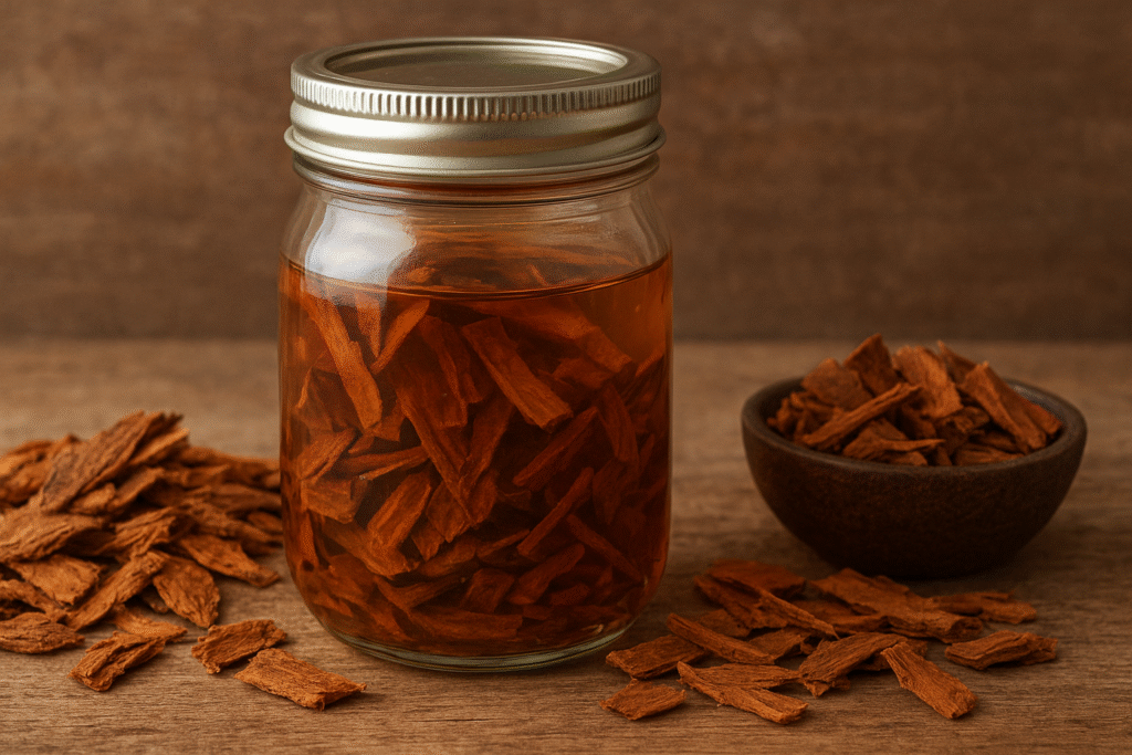 Em um frasco de vidro cascas de uxi amarelo de molho em álcool de cereais para obter tintura de uxi amarelo, ao lado várias cascas de uxi amarelo.