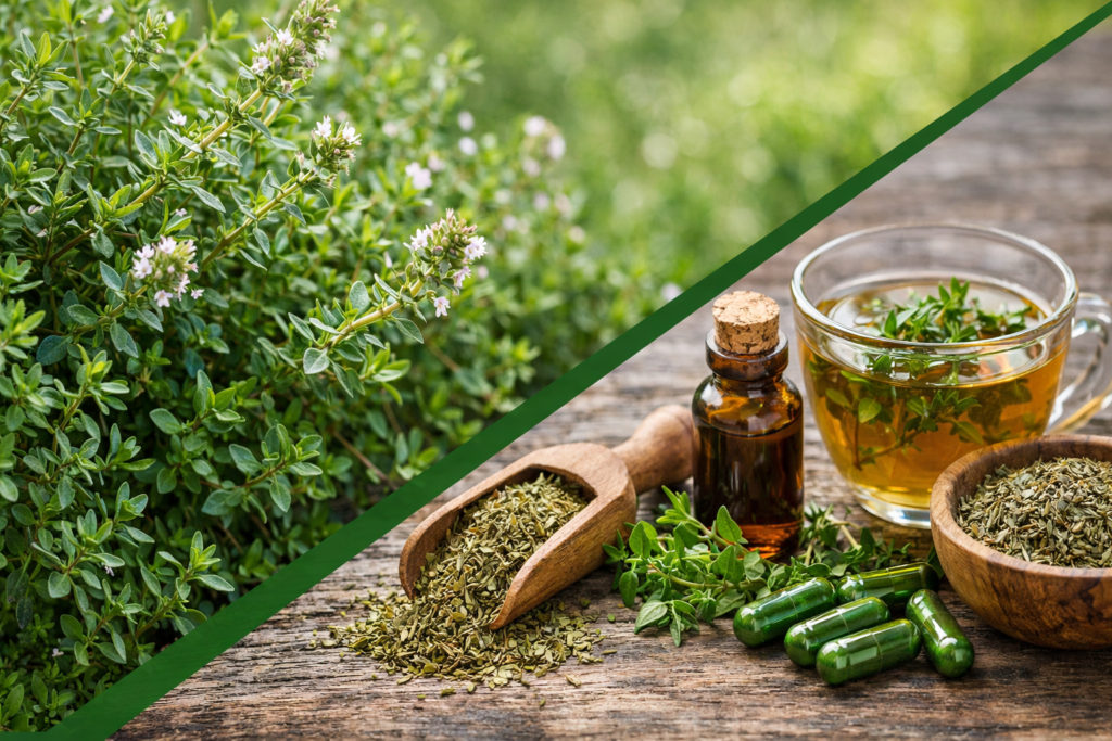 Imagem dividida na diagonal onde na parte superior esquerda está a planta de tomilho com suas folhas miúdas e verdes e algumas pequenas flores brancas na ponta dos ramos. Na parte inferior direita está o tomilho e seus benefícios, um pote e um medidor de madeira com folhas secas e picadas, algumas folhas frescas, um frasco de vidro com tintura e uma xícara de vidro com chá de tomilho.