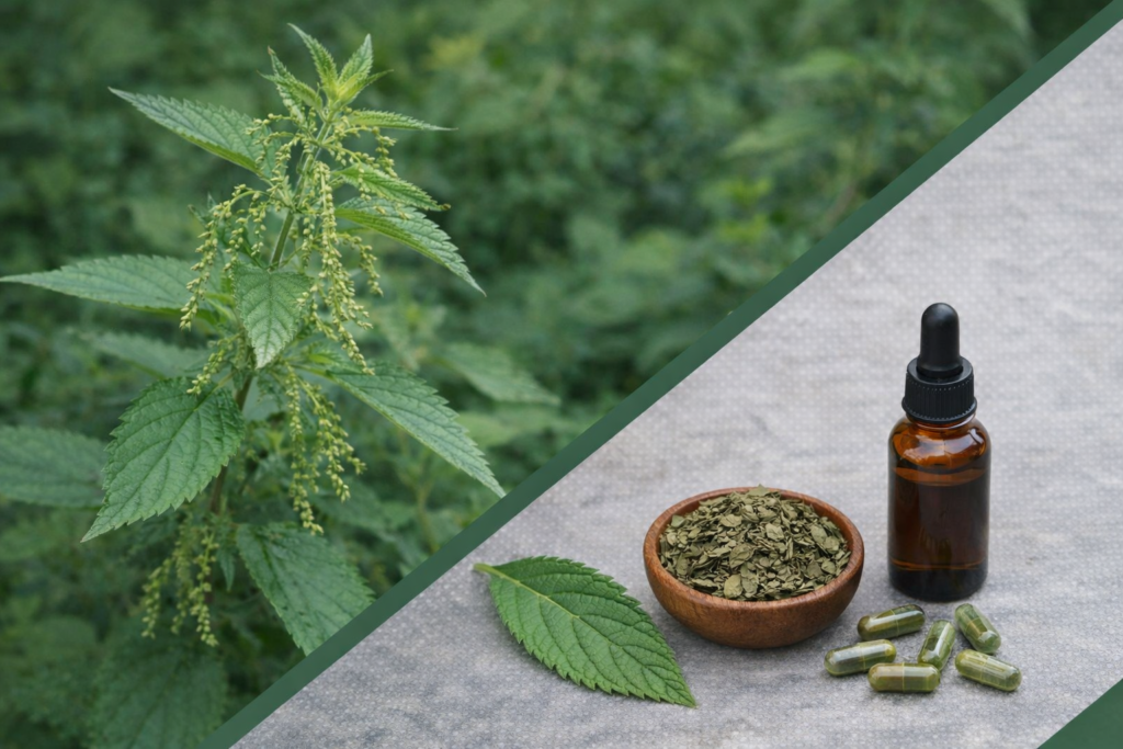 Imagem dividida na diagonal onde na parte superior esquerda está a planta de urtiga com haste longa folhas verdes de borda serrilhada e pequenos cachos de pequeninas flores entre as folhas. Na parte inferior direita está a urtiga e seus benefícios, algumas cápsulas, um frasco de vidro com tintura, um pote de porcelana com folhas secas e picadas e uma folha fresca para chá de urtiga.