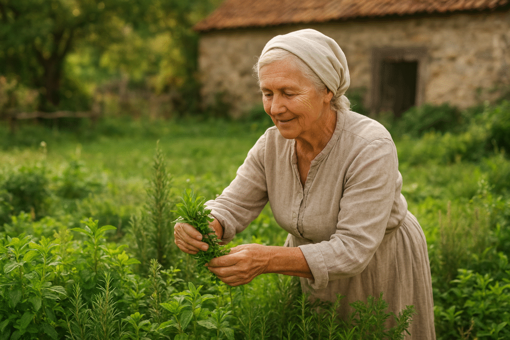 Em uma horta cheia de plantas medicinais uma vovozinha colhendo algumas ervas medicinais, o começo da história do NaturSaúdePura.