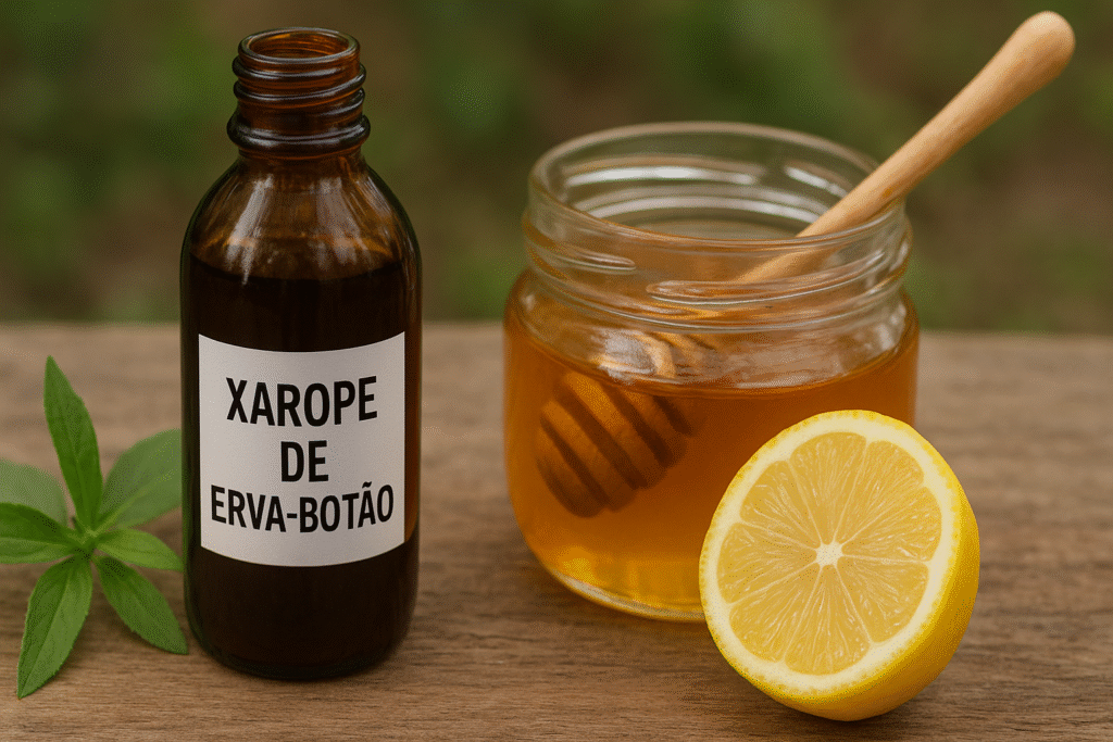 Sobre uma mesa de madeira um frasco de vidro escuro com xarope de erva botão, ao lado de um ramo verde de erva botão e do outro lado um pote de vidro com mel e meio limão.