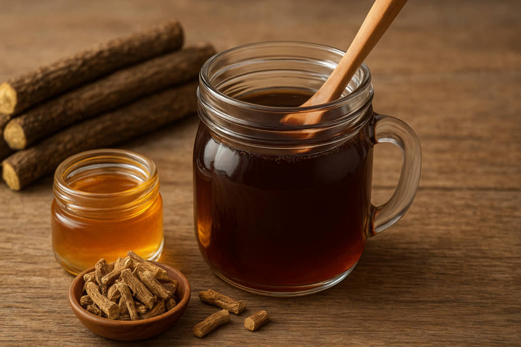 Em uma mesa de madeira um frasco com mistura de chá e mel, ao lado pequenos pedaços de raízes, um pote de mel e ao fundo raízes maiores de alcaçuz.