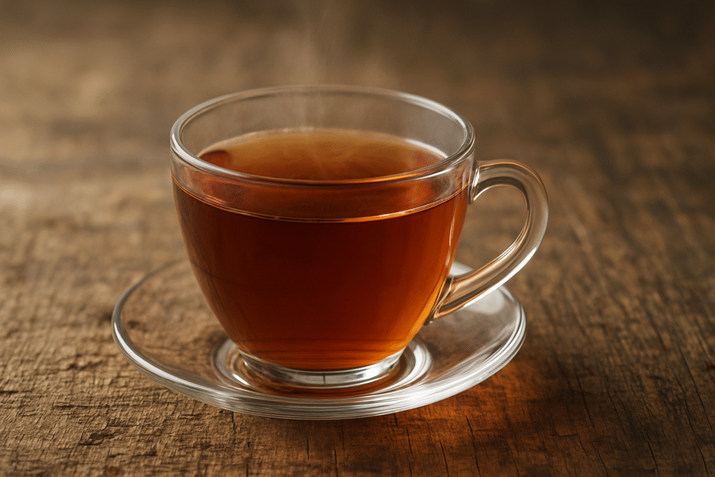 Sobre uma mesa de madeira rústica, uma xícara de vidro com chá fumegante de guaçatonga.