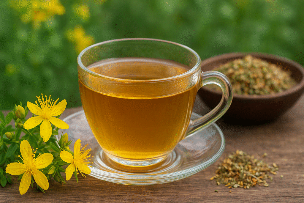 Sobre uma mesa de madeira uma xícara cheia de chá ao lado de flores amarelas de hipérico e uma tigela de porcelana cheia de flores secas.