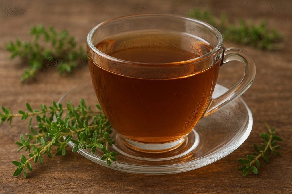 Sobre uma mesa de madeira uma xícara de vidro com chá ao lado de vários ramos de tomilho.