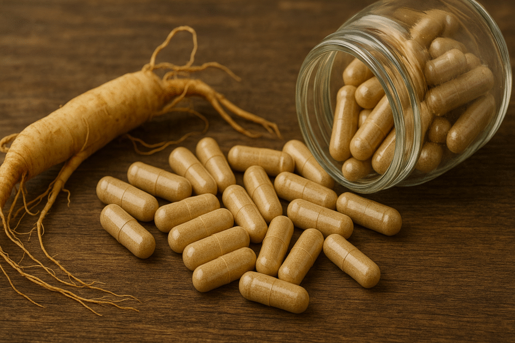 Sobre uma mesa de madeira um pote de vidro virado, cheio de cápsulas e algumas cápsulas espalhadas a frente, ao lado uma raiz inteira de ginseng.