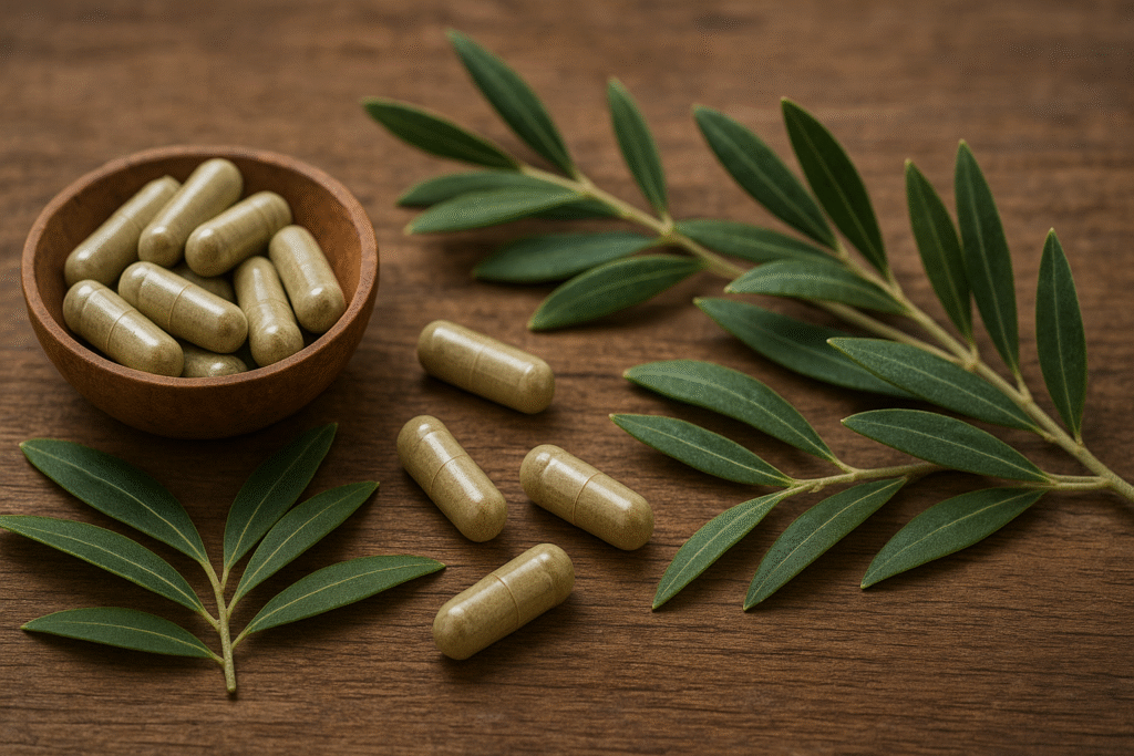 Sobre uma mesa de madeira algumas cápsulas espalhadas ao lado de um pote de porcelana com cápsulas dentro e ao lado ramos de oliveira com folhas verdes.