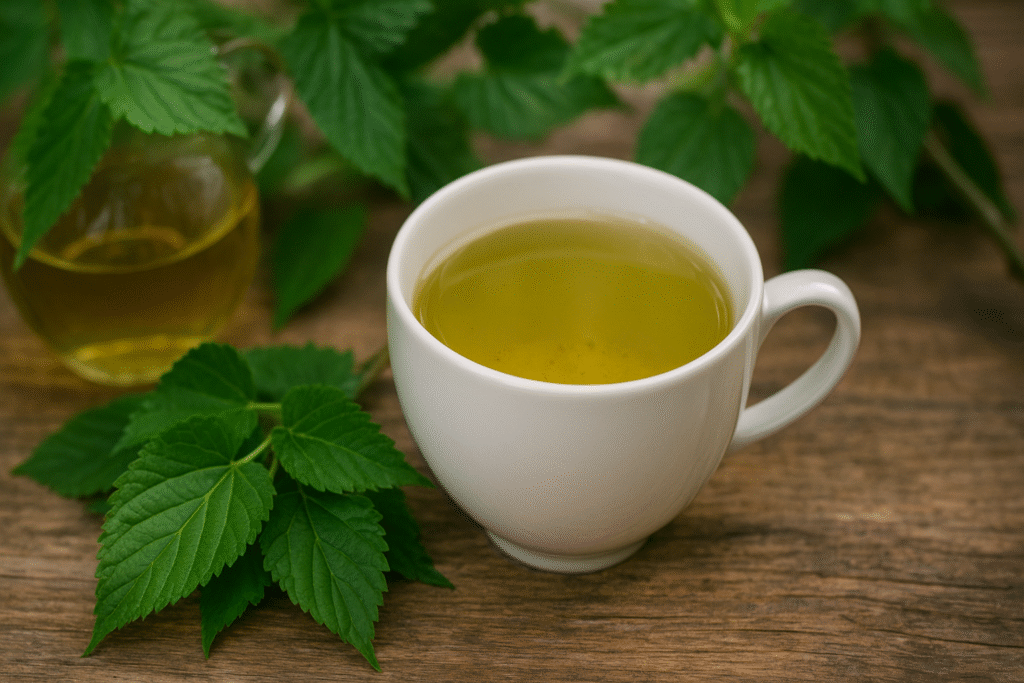 Sobre uma mesa de madeira uma xícara branca de porcelana com chá de folha de amora, ao lado várias folhas verdes de folha de amora.