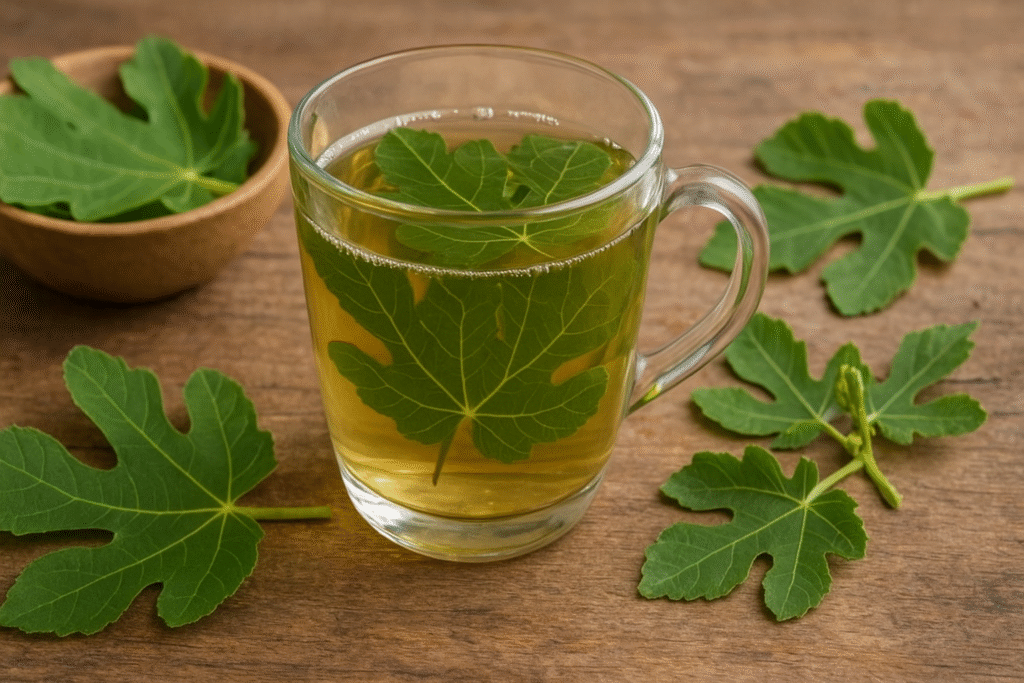 Sobre uma mesa de madeira uma xícara de vidro com chá e uma folha de figo dentro, ao lado várias folhas verdes de figo.