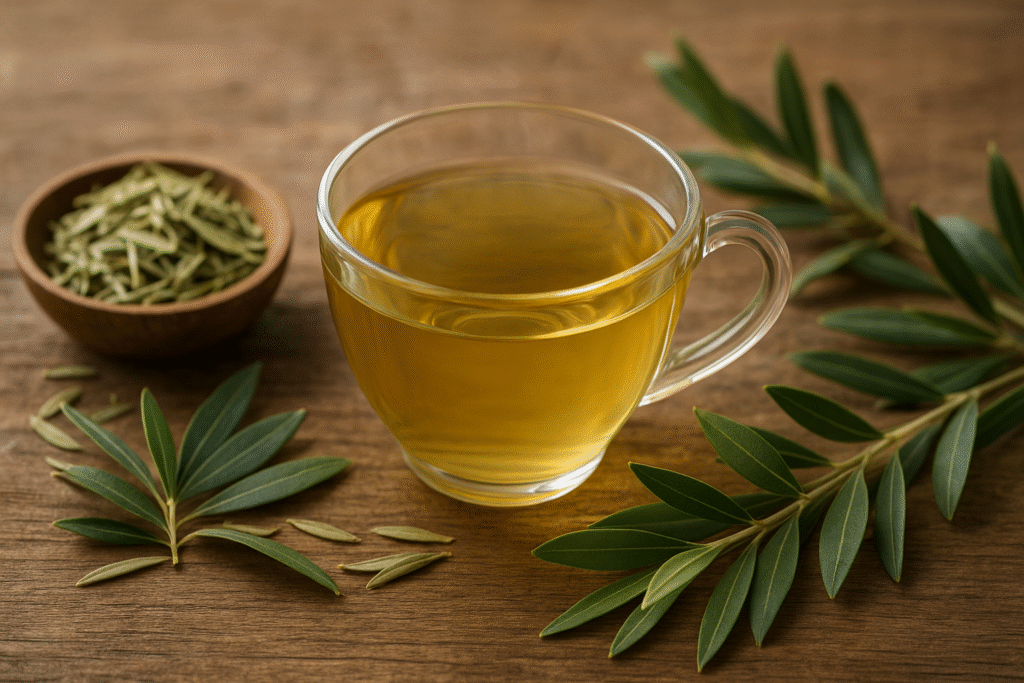 Sobre uma mesa de madeira uma xícara de vidro com chá e ao lado ramos de oliveira com suas folhas estreitas e longas na cor verde acinzentada e de um lado um pote de porcelana com folhas secas de oliveira.