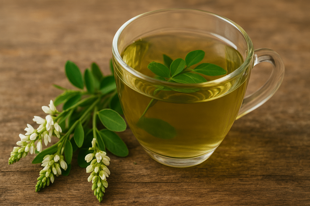 Sobre uma mesa de madeira uma xícara de vidro com chá e umas folhas verdes dentro, do lado uns ramos com folhas verdes e flores brancas de gelol.