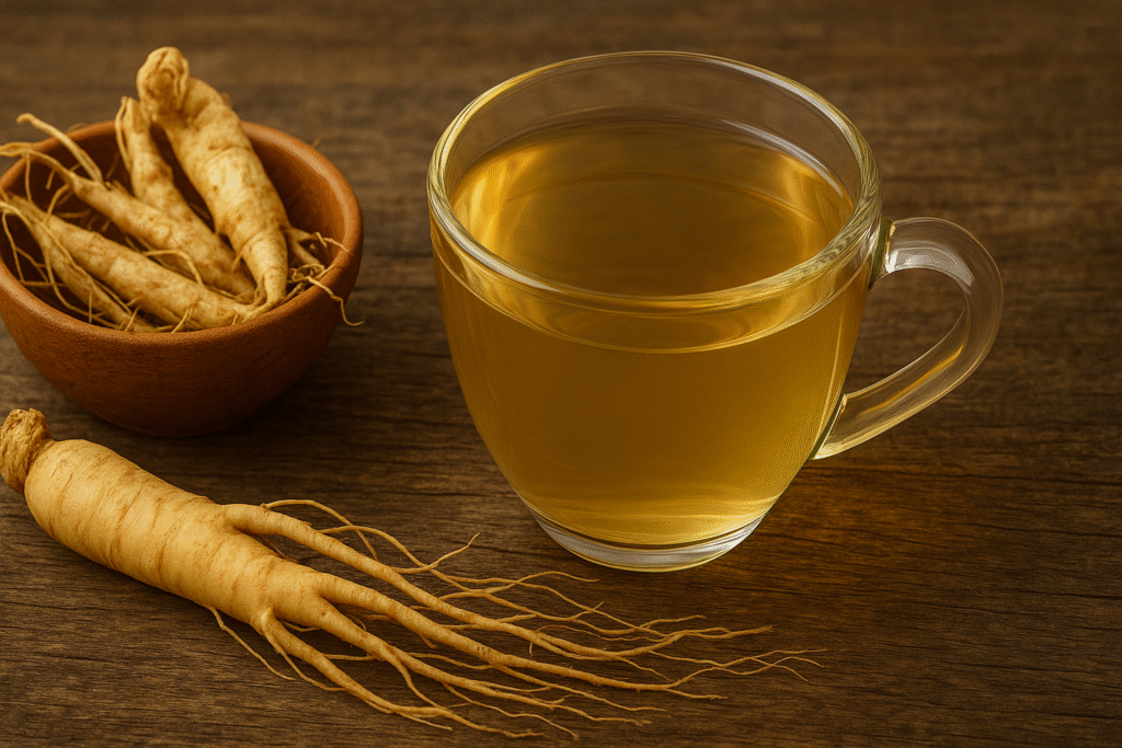 Sobre uma mesa de madeira uma xícara de vidro com chá dentro e ao lado mais a frente uma raiz inteira de ginseng e mais ao fundo um pote de porcelana cheio de raízaes de ginseng.