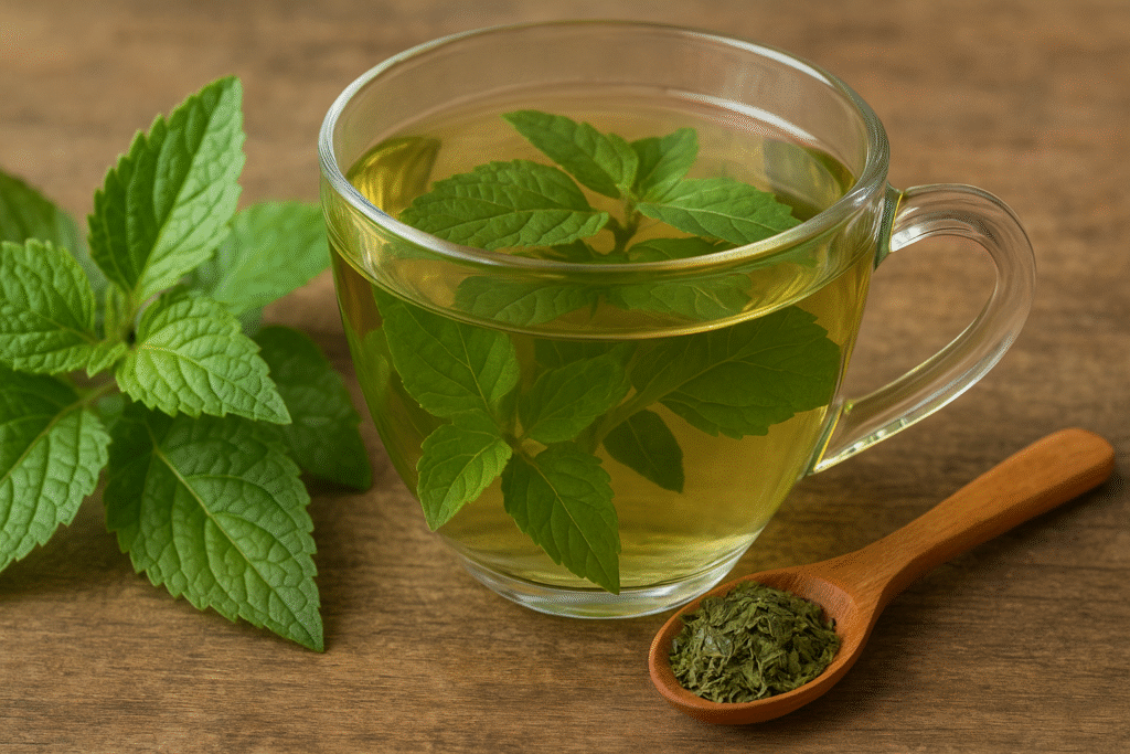 Sobre uma mesa de madeira uma xícara de vidro com chá e algumas folhas verdes dentro e na frente uma colher de madeira com folhas secas e picadas e ao lado um ramo com folhas verdes de jambu.