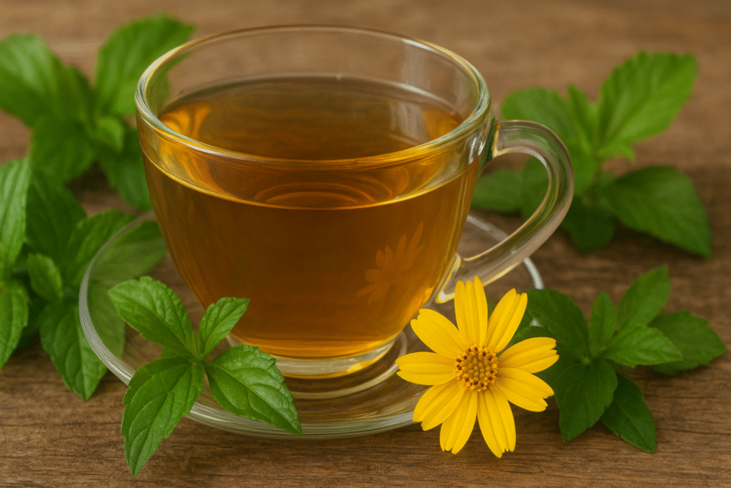 Sobre uma mesa de madeira uma xícara de vidro com chá dentro e por volta várias folhas verdes e uma flor amarela de picão da praia.