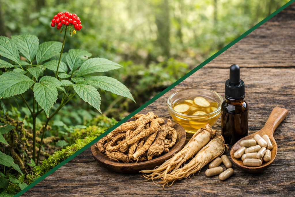 Imagem dividida na diagonal onde na parte superior esquerda está a planta de ginseng com suas folhas verdes e frutos redondos pequenos vermelhos na ponta de uma haste em forma de um pequeno cacho. Na parte inferior direita está o ginseng e seus benefícios , em uma colher de madeiras e espalhadas cápsulas, um frasco de vidro com tintura, raiz fresca e secas de ginseng e uma xícara de vidro com chá de rodelas de raízes de ginseng.