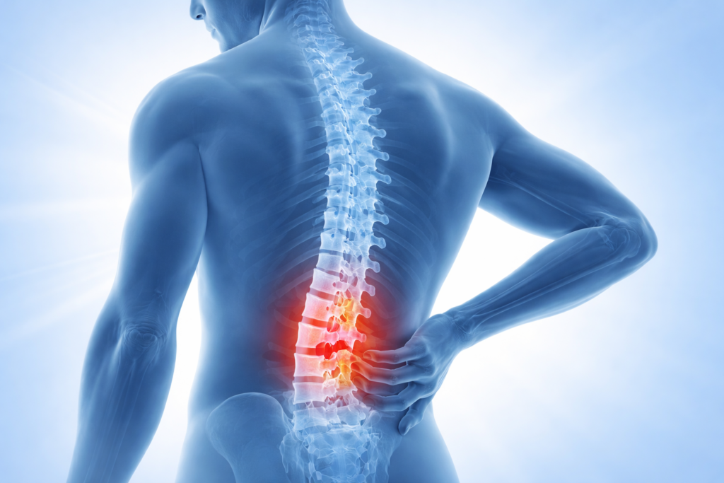 Imagem para ilustrar post sobre ervas medicinais para hpérnia de disco, silhueta de uma pessoa em pé com raio x na coluna com destaque em vermelho em volta de vertebras da coluna que estão com hérnia de disco.