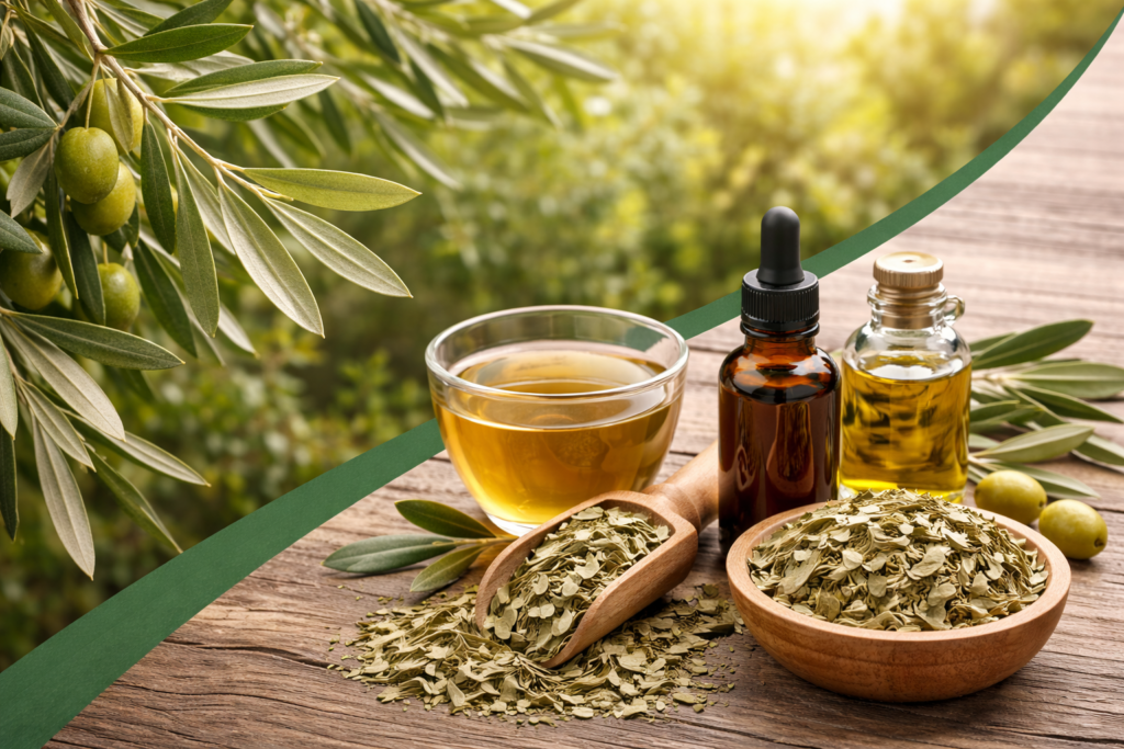 Imagem dividida na diagonal onde na parte superior esquerda está a planta de oliveira com suas folhas estreitas na cor verde acinzentadas e alguns frutos verdes. Na parte inferior direita está a oliveira e seus benefícios naturais, um pote e um medidor de madeira com folhas secas e picadas, uma xícara de vidro com chá, um frasco de vidro com tintura e outro frasco de vidro com extrato e alguns frutos verdes e folhas de oliveira espalhadas.