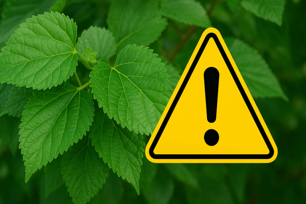 Uma planta de amora com folha de amora verdes e sobre elas um símbolo de precaução.