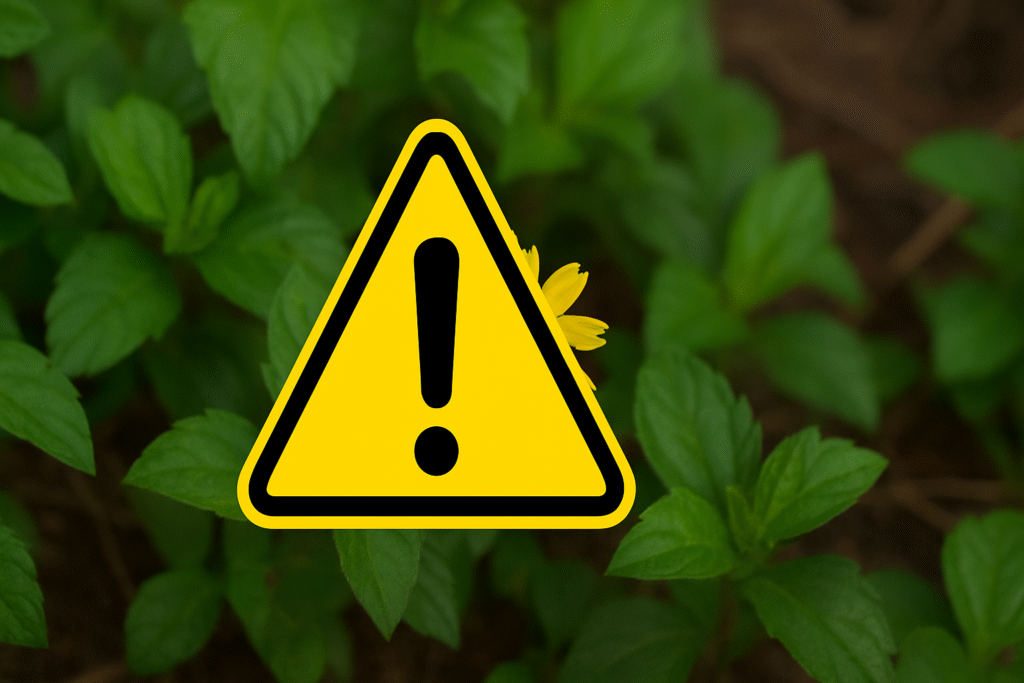 Imagem com plantas de picão da praia e um símbolo de precaução ilustrando os cuidados que se deve ter com o picão da praia.