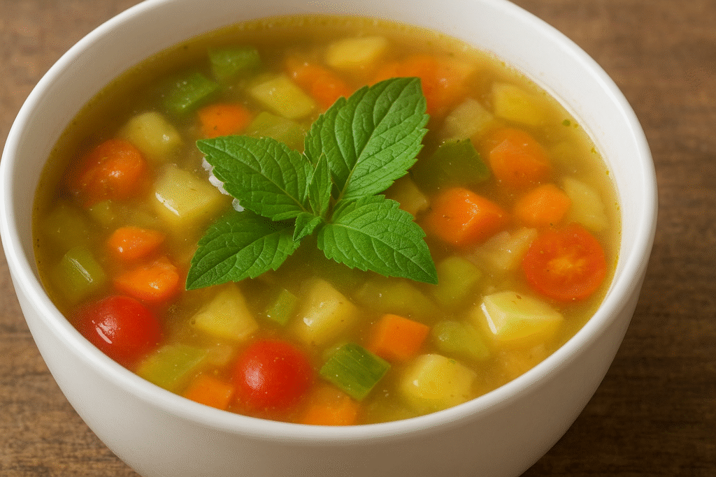 Uma tigela branca de porcelana cheia de sopa de legumes com folhas de jambu.