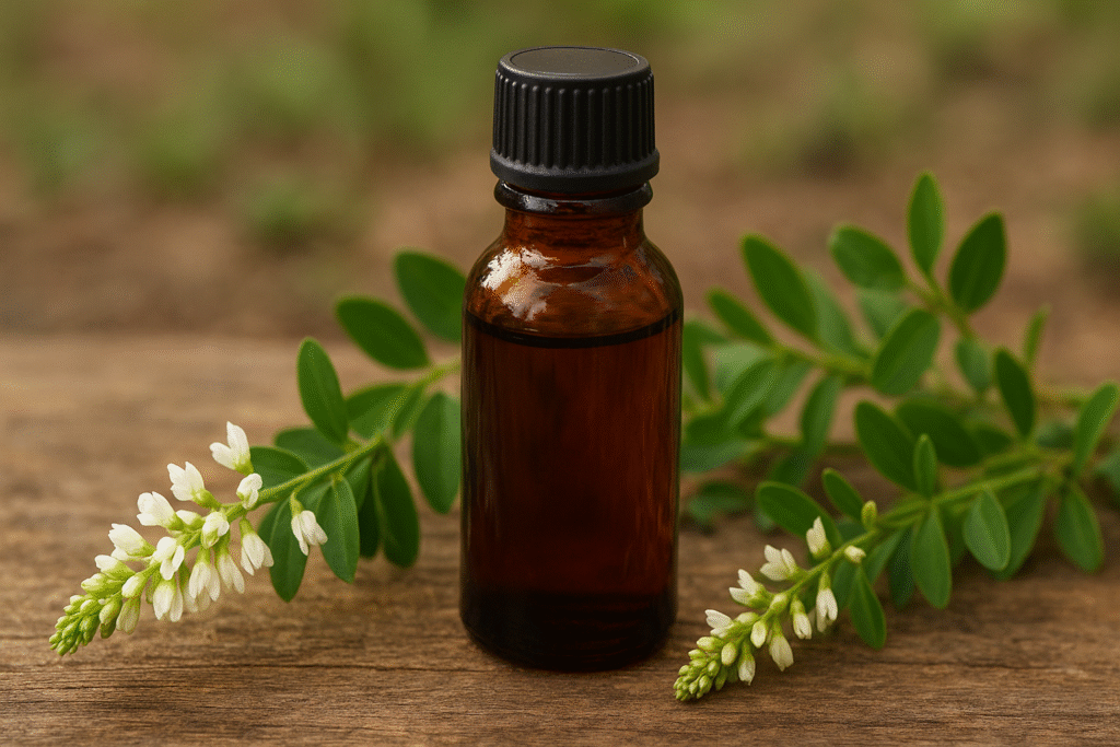 Sobre uma mesa de madeira um frasco escuro com tintura e ao lado alguns ramos com folhas verdes e flores brancas de gelol.