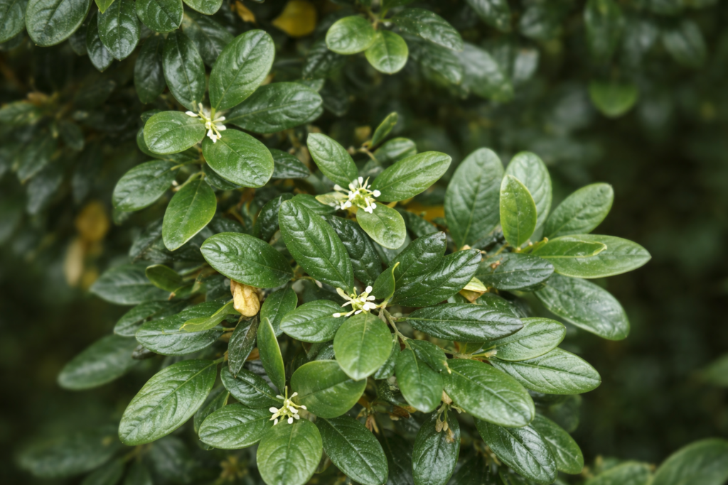 Uma árvore de boldo do chile com suas folhas verde brilhantes com algumas pequenas flores brancas na ponta dos ramos.