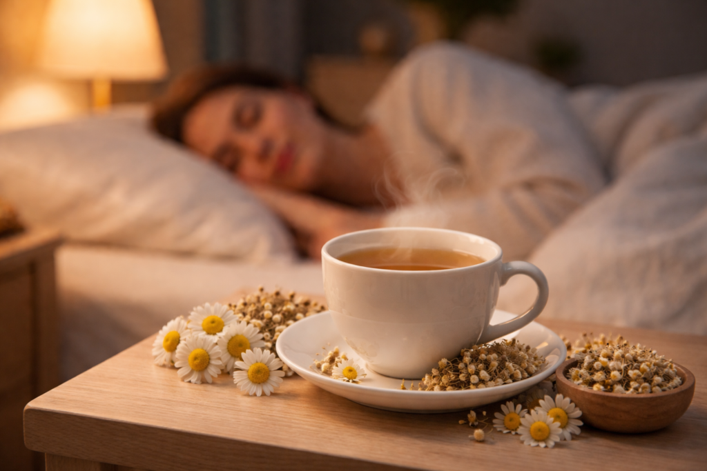 Imagem mostrando a frente sobre uma mesinha de madeira uma xícara de porcelana com chá e ao lado flores secas e frescas de camomila, ilustrando se camomila ajuda a dormir. Ao fundo uma mulher deitada e dormindo de lado em uma cama.