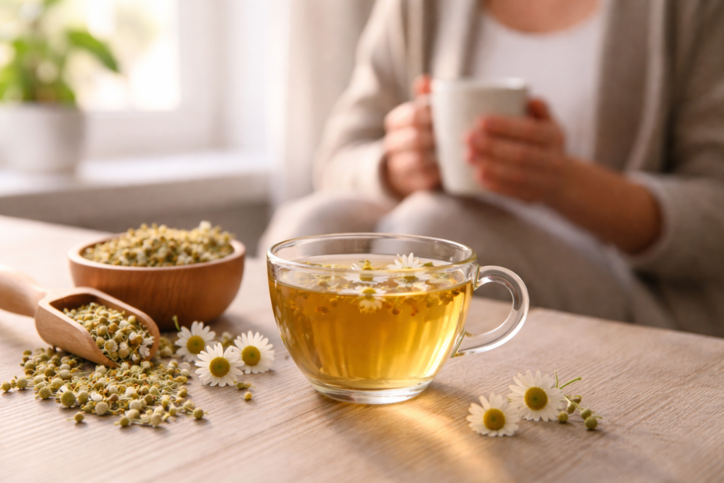 Sobre uma mesa de madeira uma xícara de vidro com chá de camomila ao lado flores frescas e secas de camomila, ao fundo uma pessoa sentada e segurando uma xícara de chá de camomila para ansiedade.